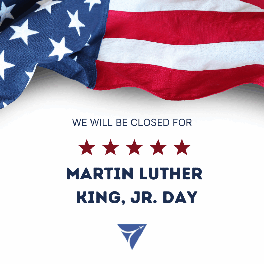 A patriotic graphic featuring a draped American flag and text announcing a closure for Martin Luther King, Jr. Day.