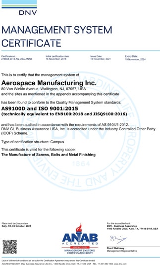 AS9100D and ISO9001:2015 Certificate