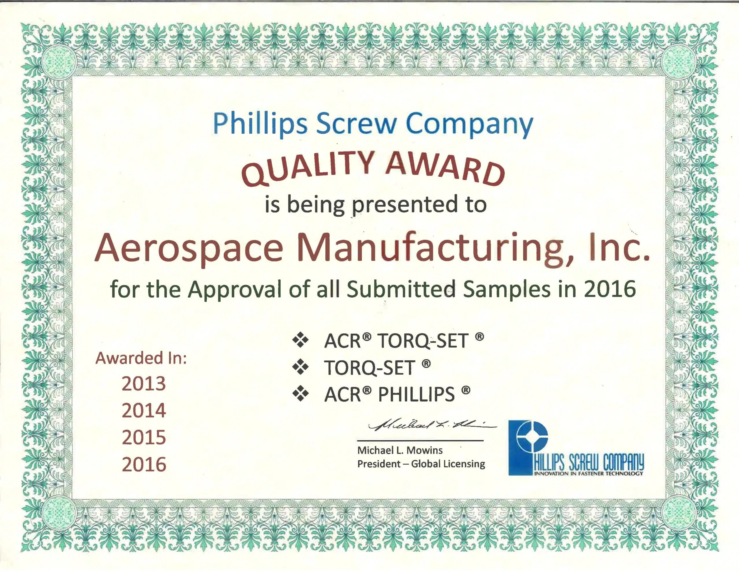 Aerospace Manufacturing Phillips Screw Quality Award